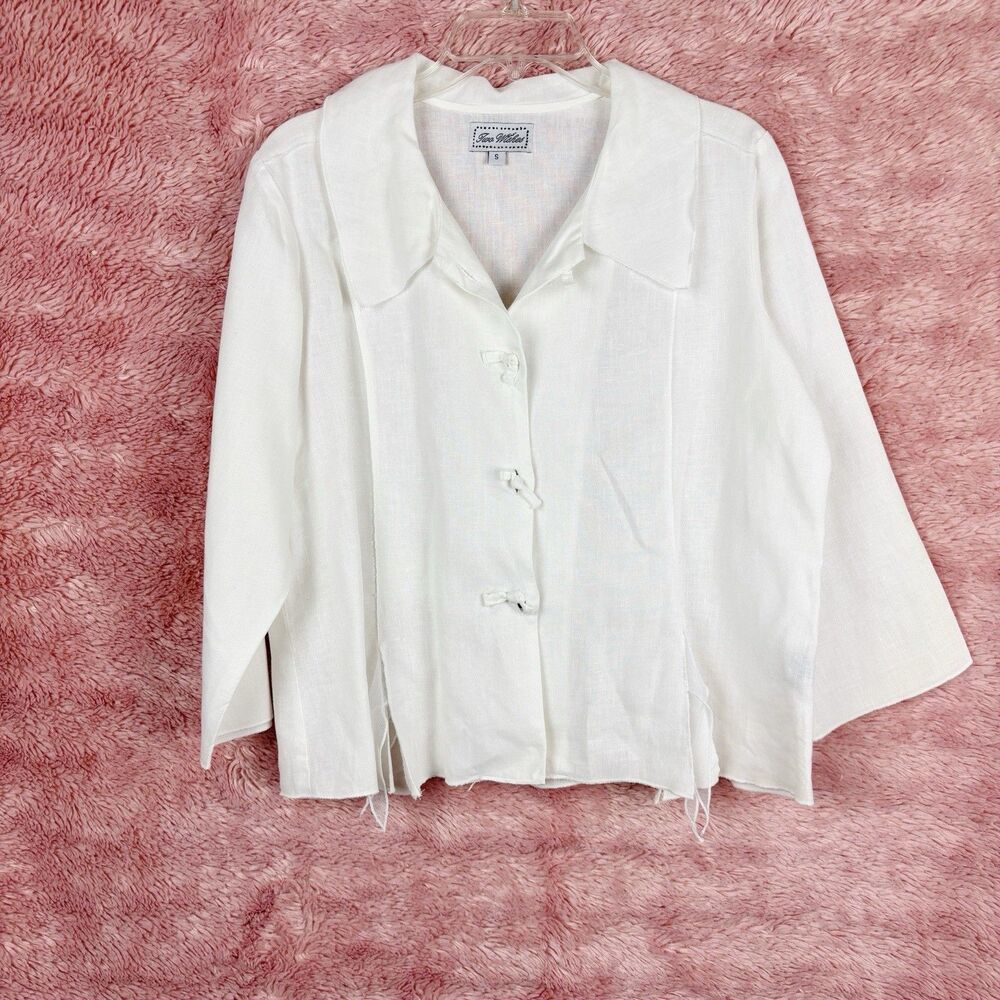 Two Wishes Women Linen White Jacket/Blazer Button and Lace Detail - Small